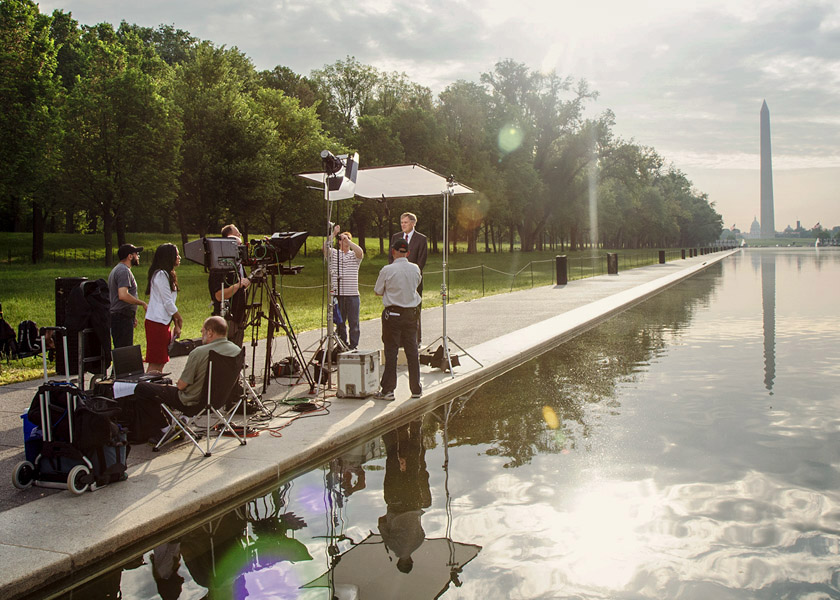 IMG production crew filming beside the Reflecting Pool in Washington, DC
